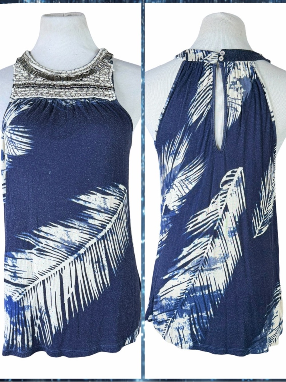 10/$25🦋 Masseys Navy & White Palm Leaf Print Beaded Keyhole Racerback Tank - M